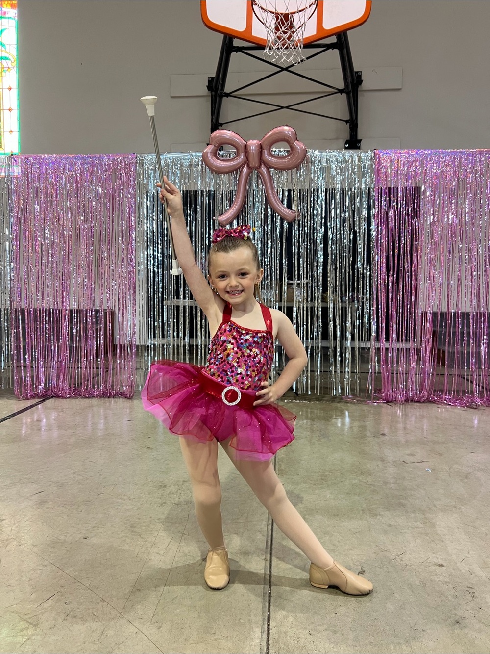 3 Piece 2 in 1 Hot Pink Dance Costume with Matching Hair Accessories